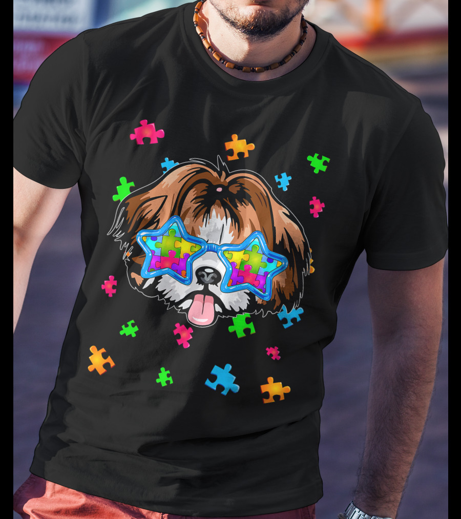 Funny Shih Tzu Star Glasses Puzzle Autism Awareness T-Shirt