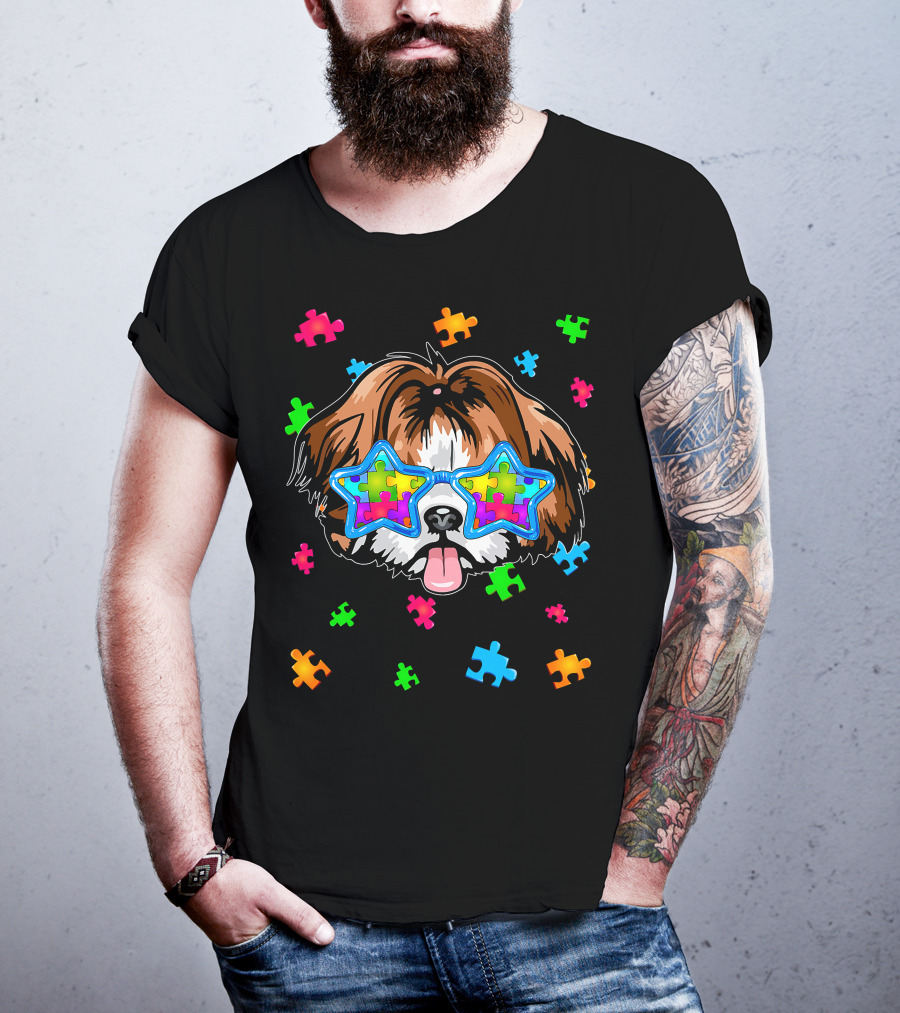 Funny Shih Tzu Star Glasses Puzzle Autism Awareness T-Shirt
