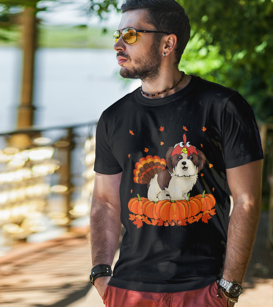Shih Tzu Dressed As Turkey With Pumpkins And Autumn Leaves Thanksgiving Fun T-Shirt