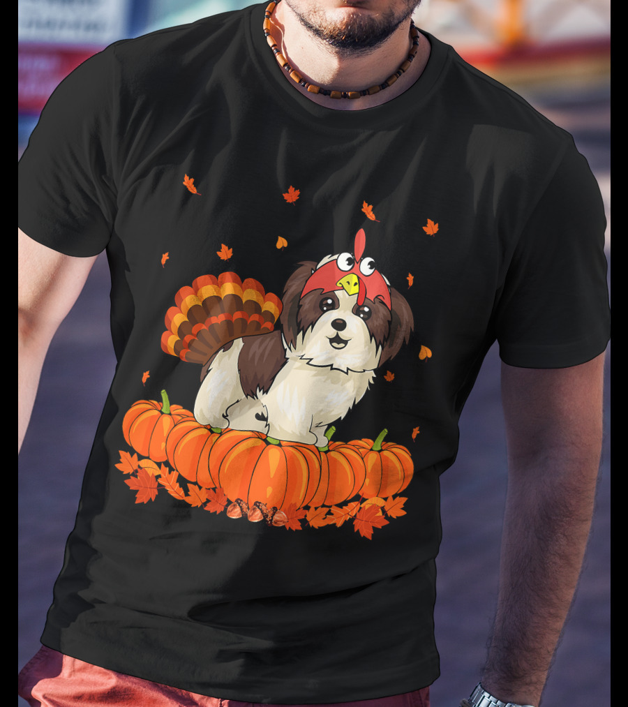 Shih Tzu Dressed As Turkey With Pumpkins And Autumn Leaves Thanksgiving Fun T-Shirt