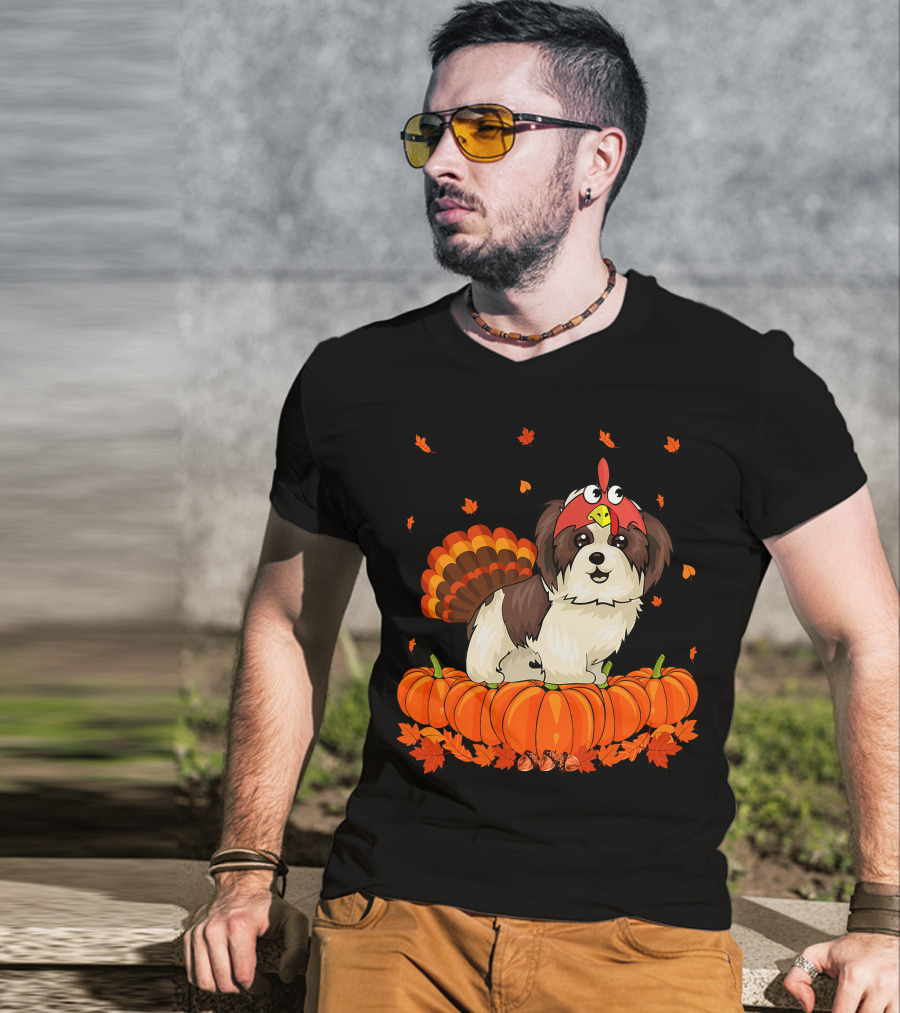 Shih Tzu Dressed As Turkey With Pumpkins And Autumn Leaves Thanksgiving Fun T-Shirt