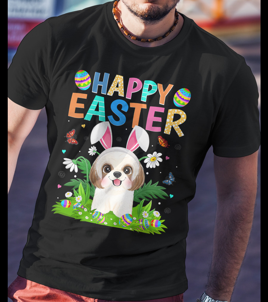 Happy Easter Bunny Shih Tzu Dog With Easter Eggs And Butterflies T-Shirt