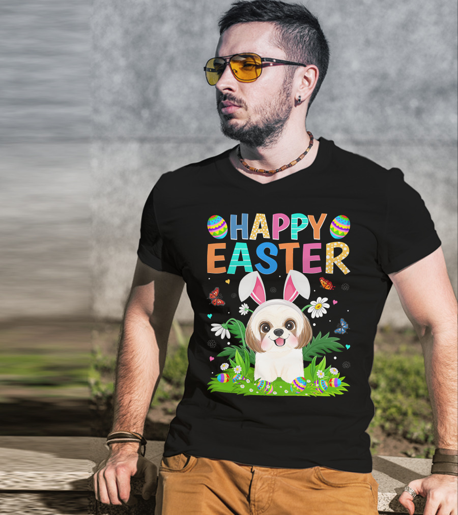Happy Easter Bunny Shih Tzu Dog With Easter Eggs And Butterflies T-Shirt