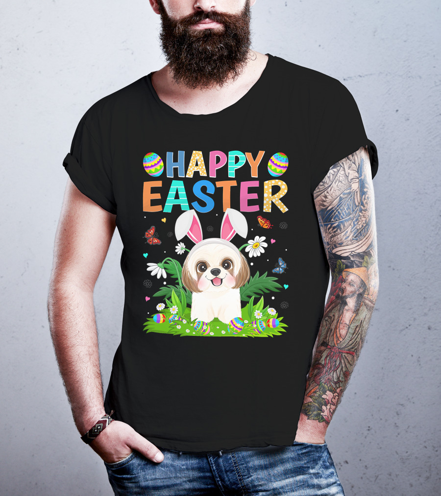 Happy Easter Bunny Shih Tzu Dog With Easter Eggs And Butterflies T-Shirt