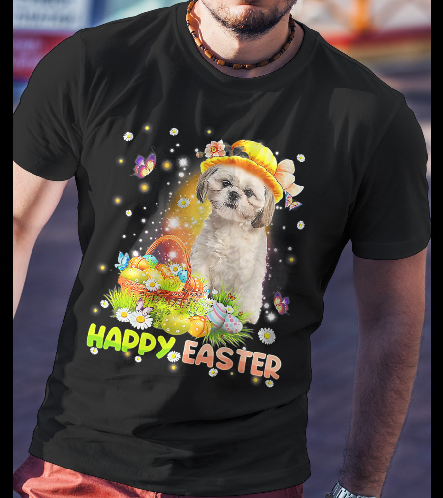 Happy Easter Cute Bunny Dog Shih Tzu With Eggs Basket And Butterflies T-Shirt