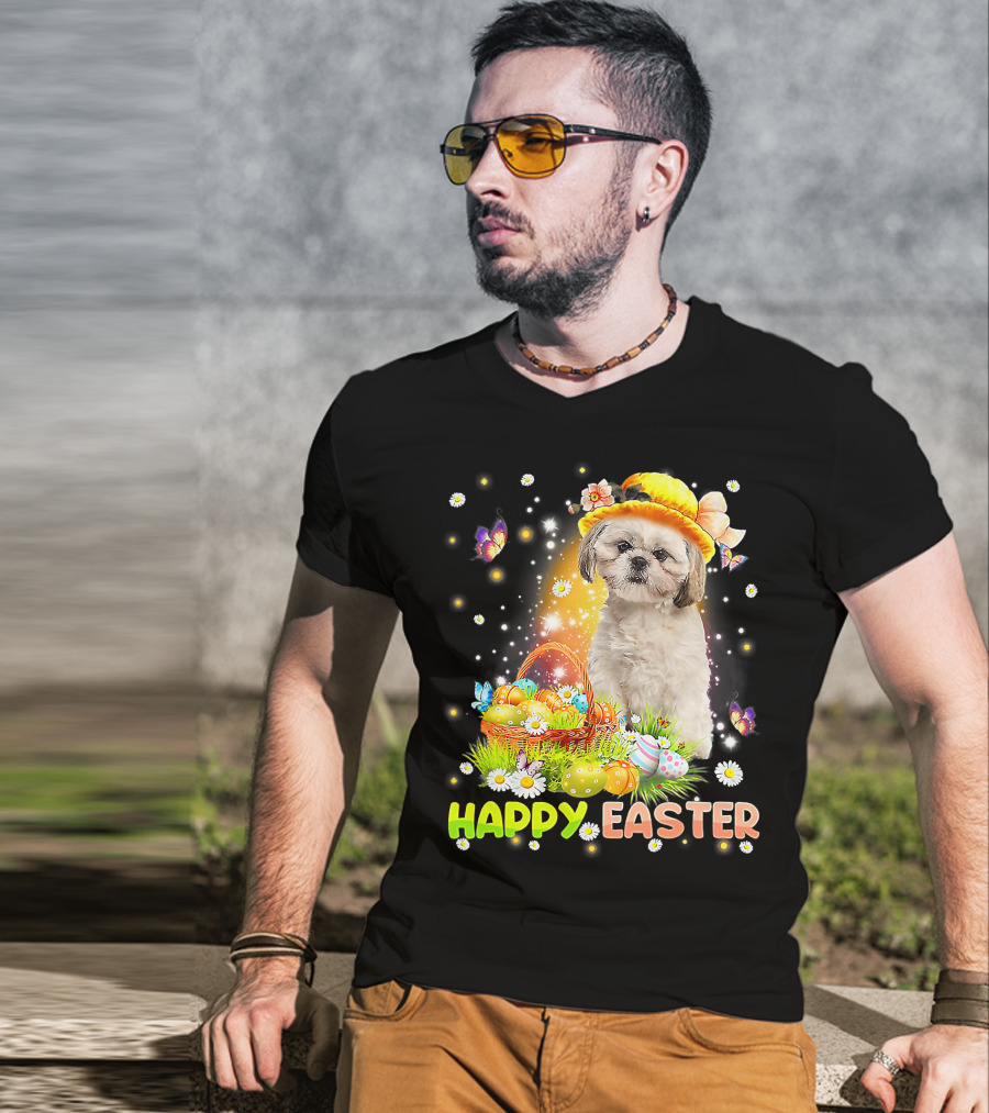 Happy Easter Cute Bunny Dog Shih Tzu With Eggs Basket And Butterflies T-Shirt
