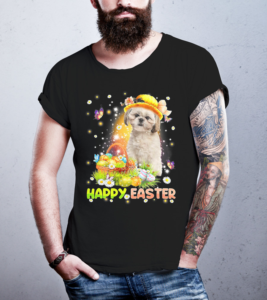 Happy Easter Cute Bunny Dog Shih Tzu With Eggs Basket And Butterflies T-Shirt
