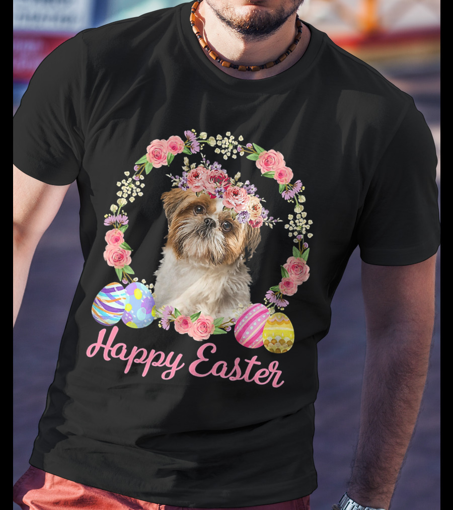 Happy Easter Shih Tzu Dog Flower Wreath With Decorative Eggs T-Shirt