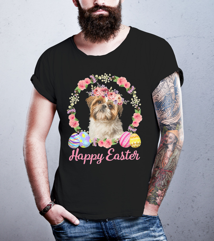 Happy Easter Shih Tzu Dog Flower Wreath With Decorative Eggs T-Shirt