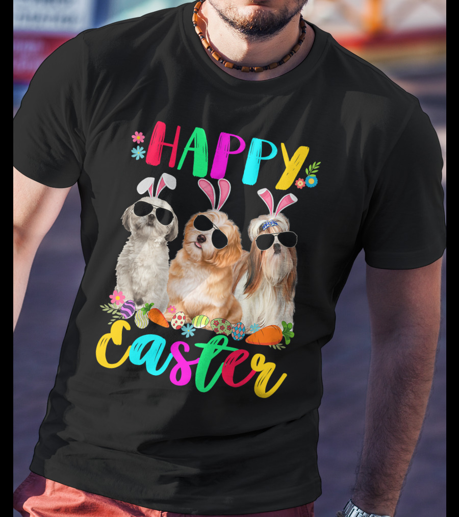 Happy Easter Three Shih Tzu Dogs With Bunny Ears And Sunglasses Eggs Carrots T-Shirt