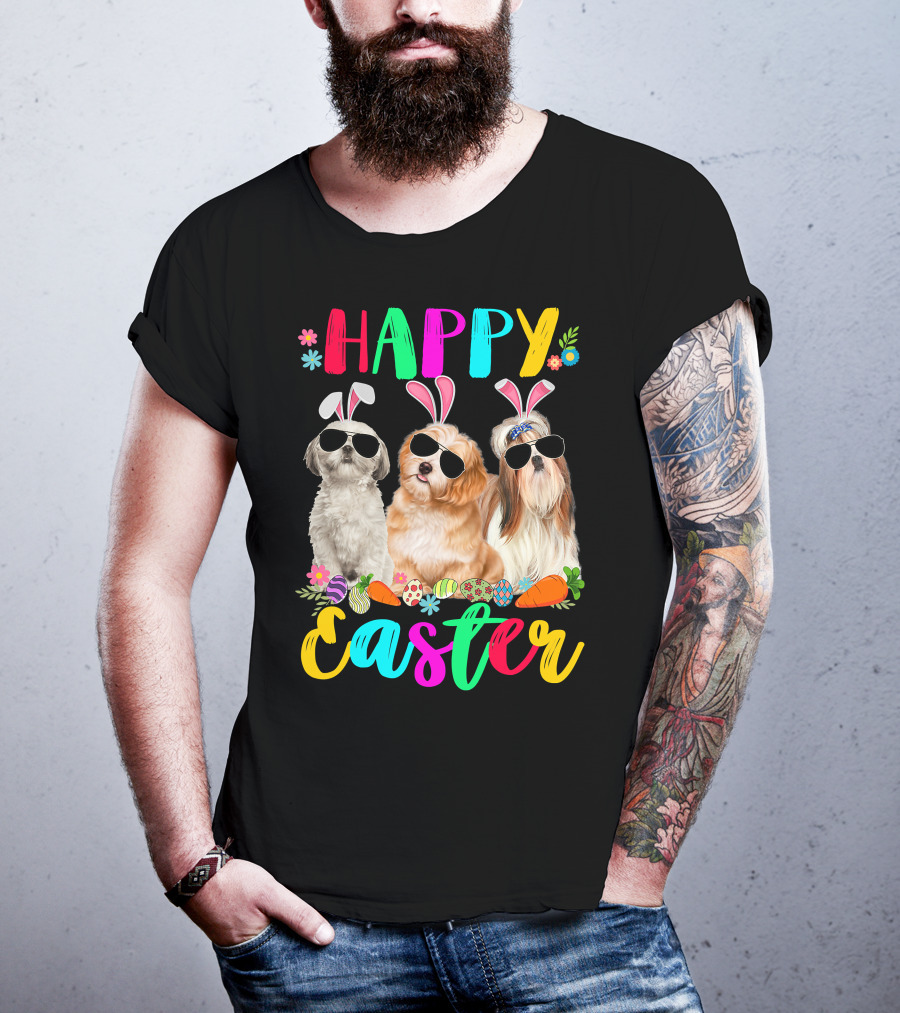 Happy Easter Three Shih Tzu Dogs With Bunny Ears And Sunglasses Eggs Carrots T-Shirt
