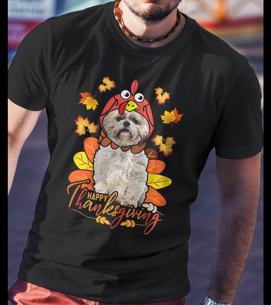 Happy Thanksgiving Shih Tzu Dog In Turkey Costume With Autumn Leaves T-Shirt