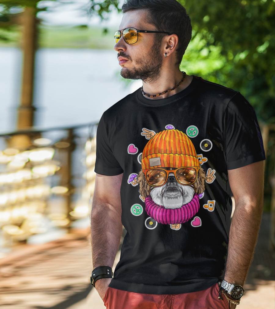 Hipster Shih Tzu With Glasses And Beanie Surrounded By Love Peace And Music Icons T-Shirt