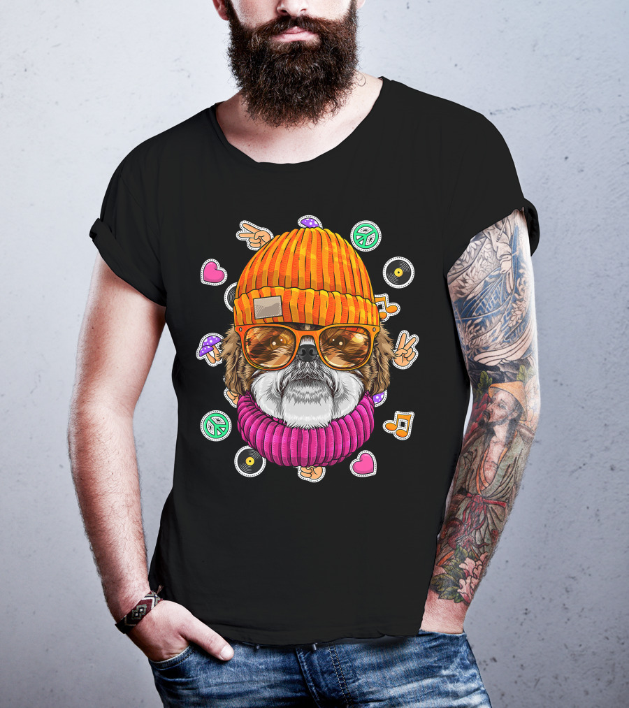 Hipster Shih Tzu With Glasses And Beanie Surrounded By Love Peace And Music Icons T-Shirt