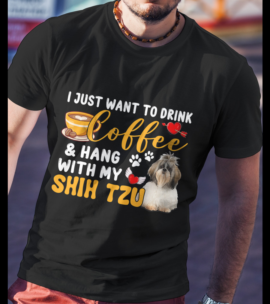 Coffee Lover Shih Tzu With Hearts And Wings T-Shirt
