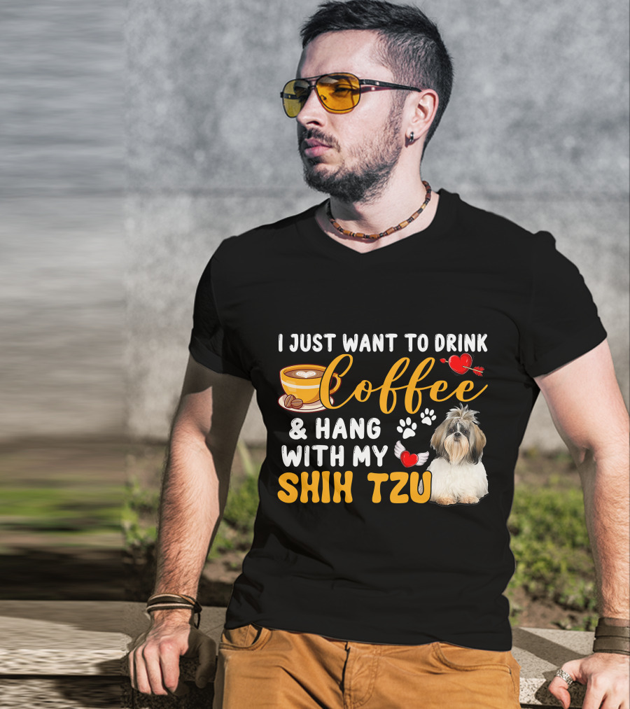 Coffee Lover Shih Tzu With Hearts And Wings T-Shirt