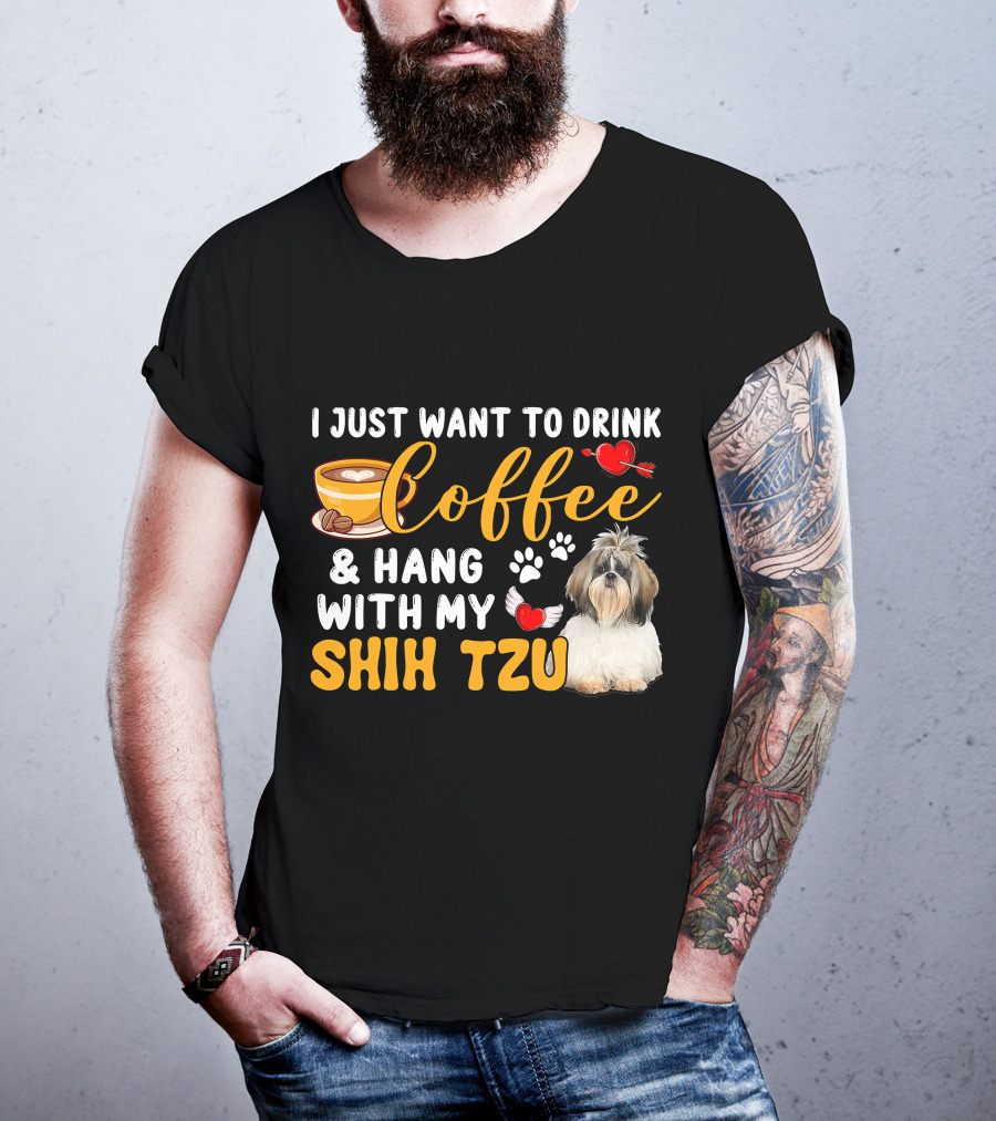 Coffee Lover Shih Tzu With Hearts And Wings T-Shirt