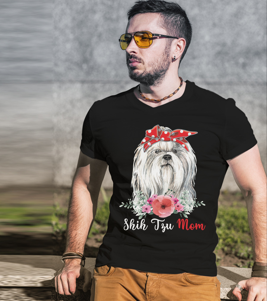 I Shih Tzu Not Funny Shih Tzu Mom Dog Lovers With Red Bow And Flowers T-Shirt