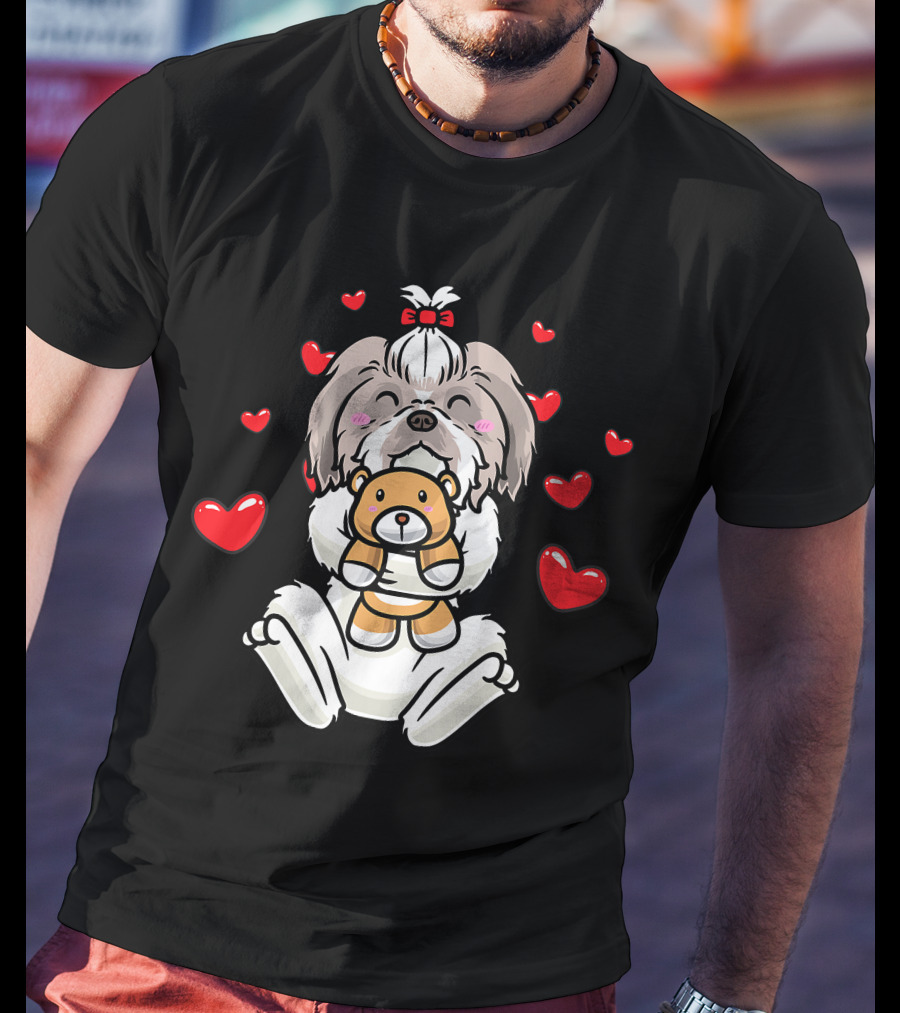 Kawaii Shih Tzu Holding Stuffed Animal Surrounded By Hearts T-Shirt