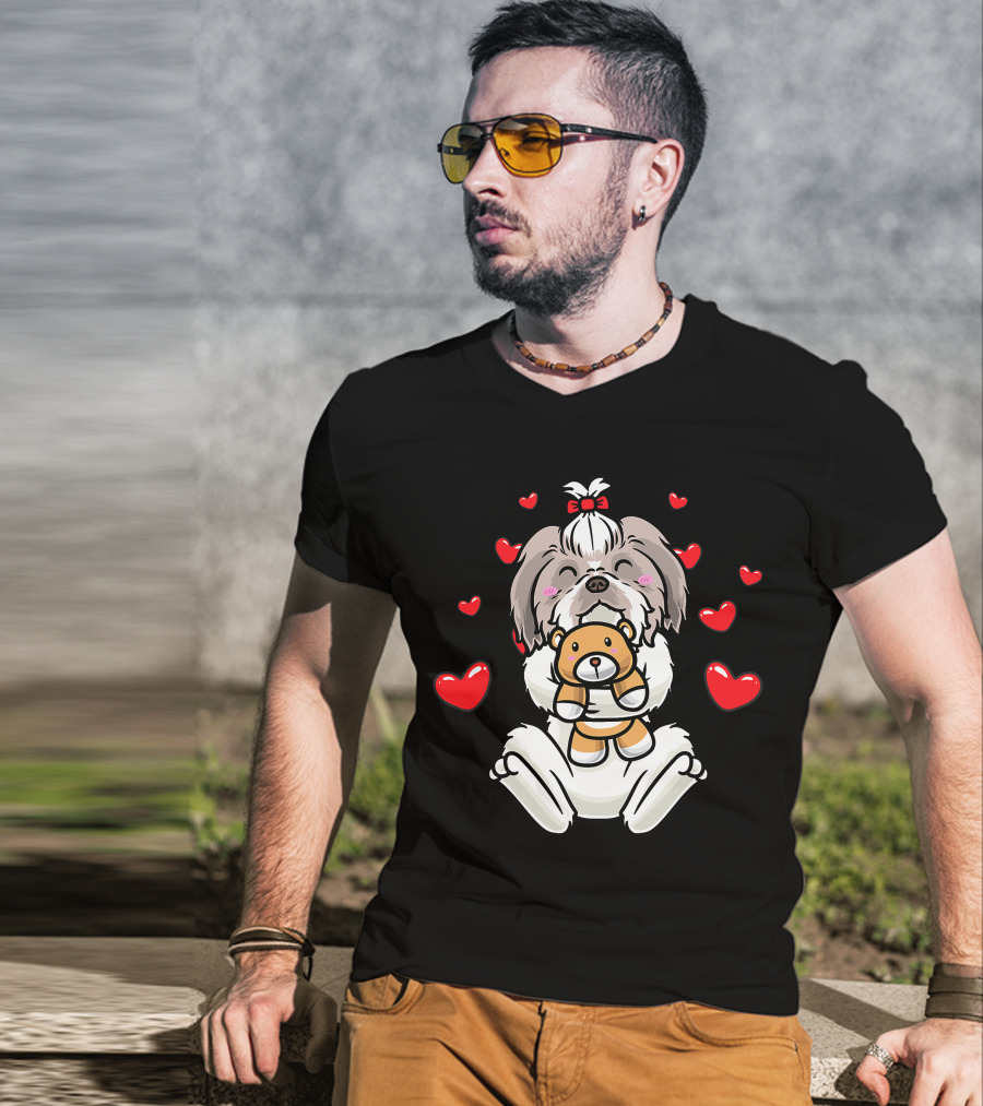 Kawaii Shih Tzu Holding Stuffed Animal Surrounded By Hearts T-Shirt