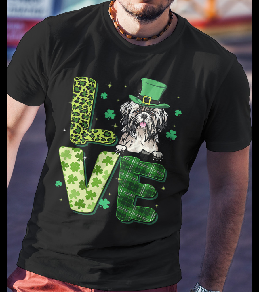 Love Shih Tzu Leopard Plaid Shamrock St Patrick's Day T-Shirt