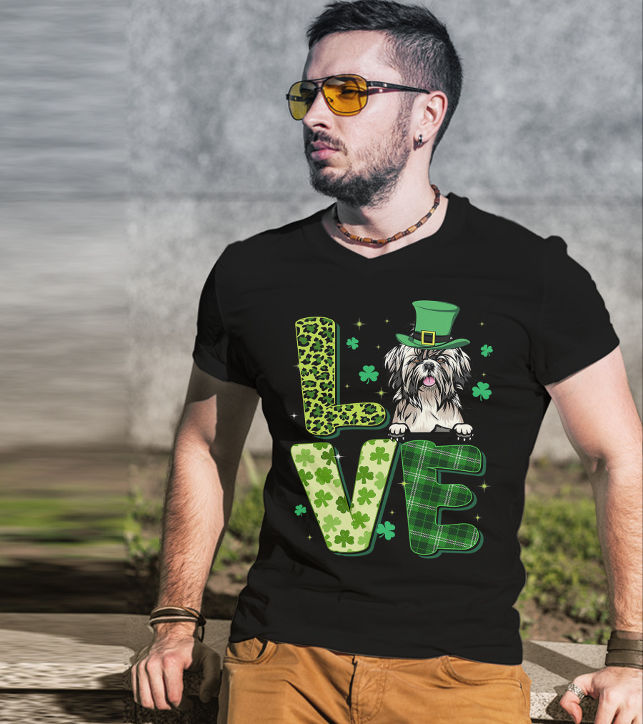 Love Shih Tzu Leopard Plaid Shamrock St Patrick's Day T-Shirt