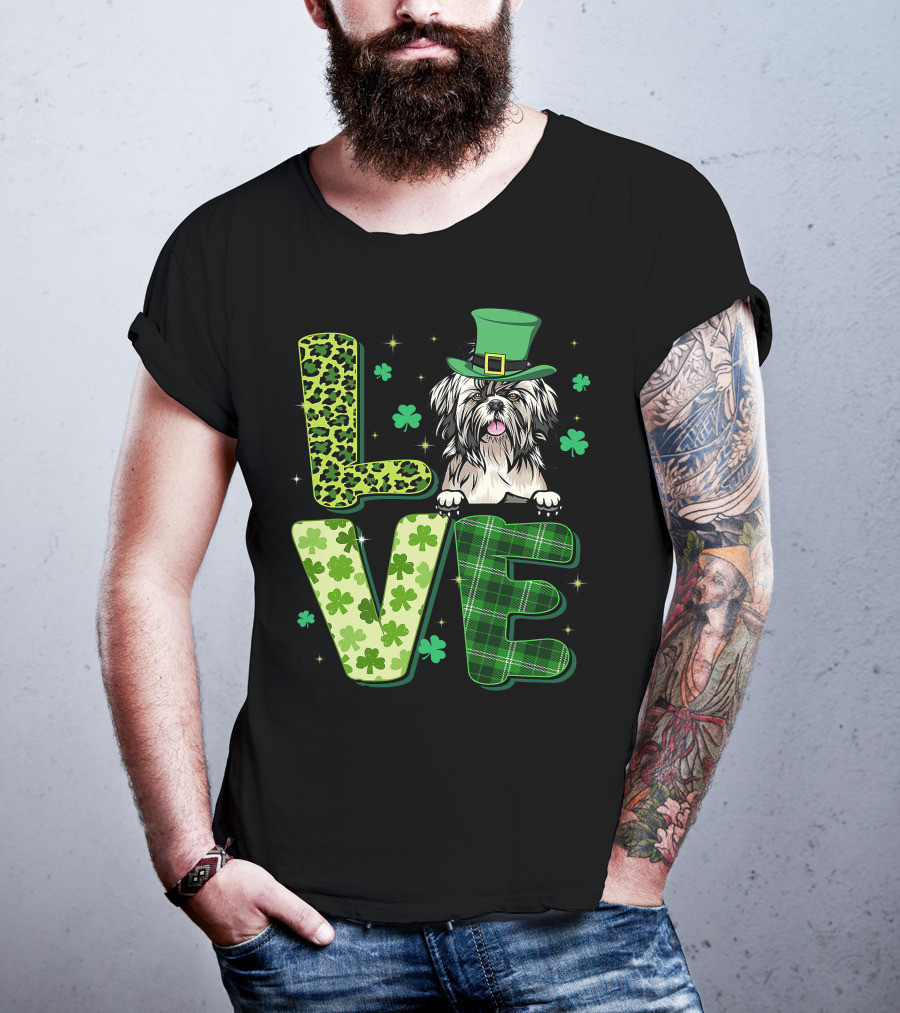 Love Shih Tzu Leopard Plaid Shamrock St Patrick's Day T-Shirt