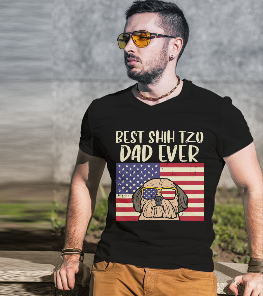 Best Shih Tzu Dad Ever US Flag Patriotic Dog Sunglasses T-Shirt