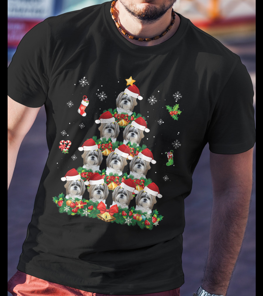 Merry Christmas Shih Tzu Santa Hat Dog Tree Pajama Swe T-Shirt