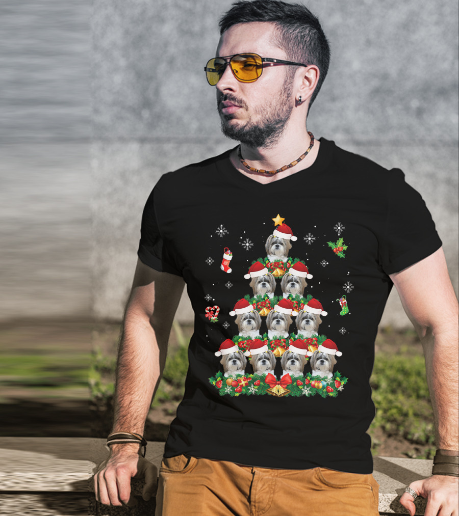 Merry Christmas Shih Tzu Santa Hat Dog Tree Pajama Swe T-Shirt