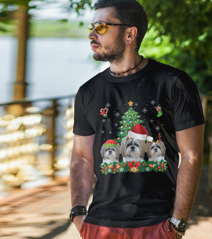 Merry Dogmas Shih Tzu Santa Elf Reindeer Christmas Tree T-Shirt