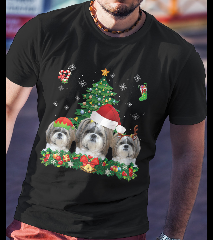 Merry Dogmas Shih Tzu Santa Elf Reindeer Christmas Tree T-Shirt