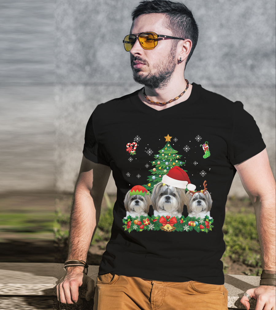 Merry Dogmas Shih Tzu Santa Elf Reindeer Christmas Tree T-Shirt