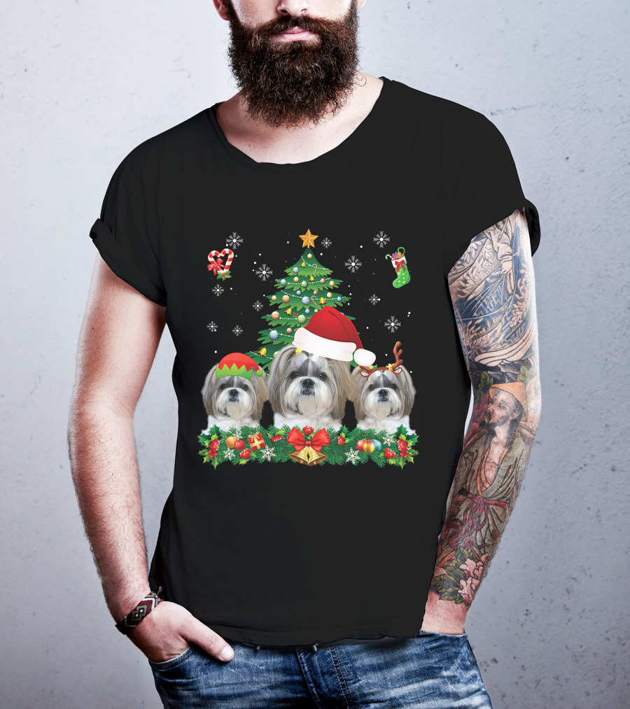 Merry Dogmas Shih Tzu Santa Elf Reindeer Christmas Tree T-Shirt
