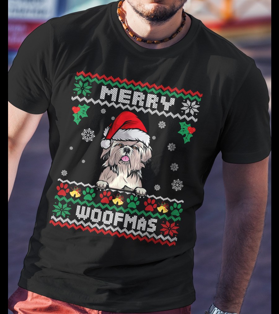 Merry Woofmas Shih Tzu Dog In Santa Hat With Christmas Patterns And Paw Print Snowflakes T-Shirt