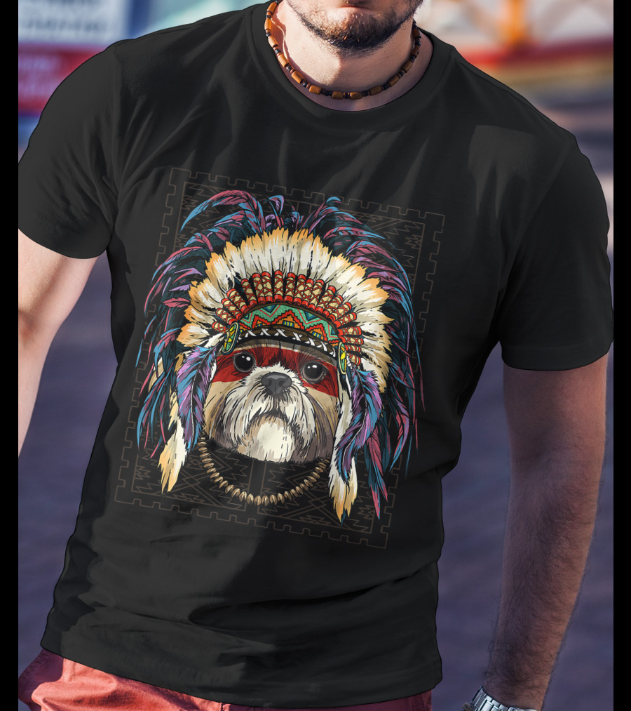 Native Indian Shih Tzu Dog In Traditional American Indian Headdress T-Shirt