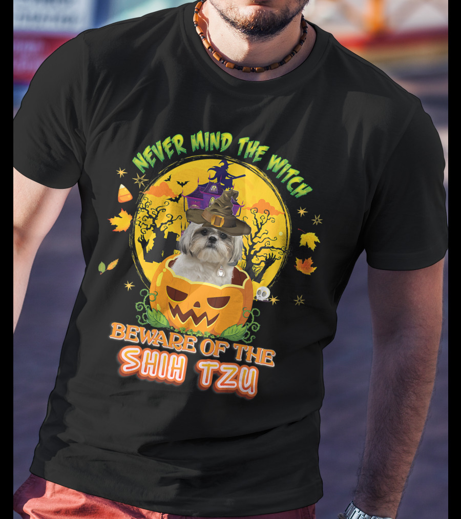 Never Mind The Witch Beware Of The Shih Tzu Halloween Pumpkin Dog With Witch Hat T-Shirt
