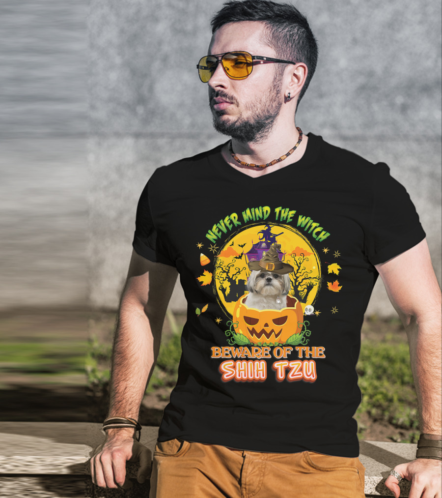 Never Mind The Witch Beware Of The Shih Tzu Halloween Pumpkin Dog With Witch Hat T-Shirt