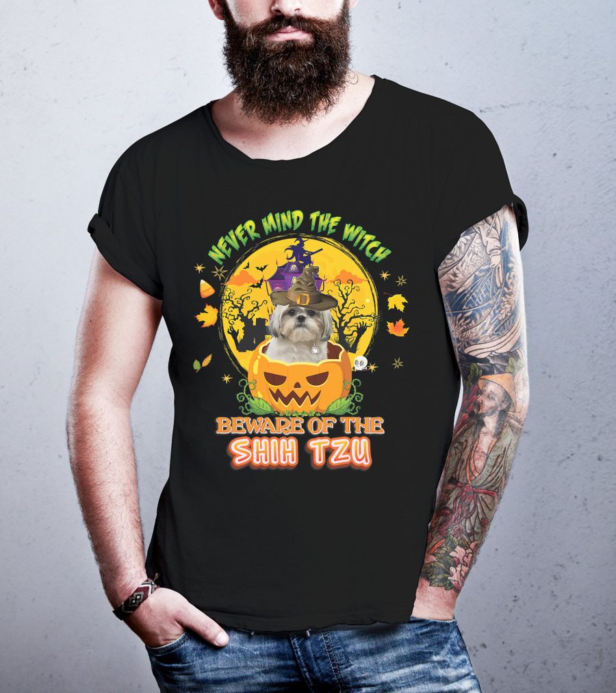 Never Mind The Witch Beware Of The Shih Tzu Halloween Pumpkin Dog With Witch Hat T-Shirt