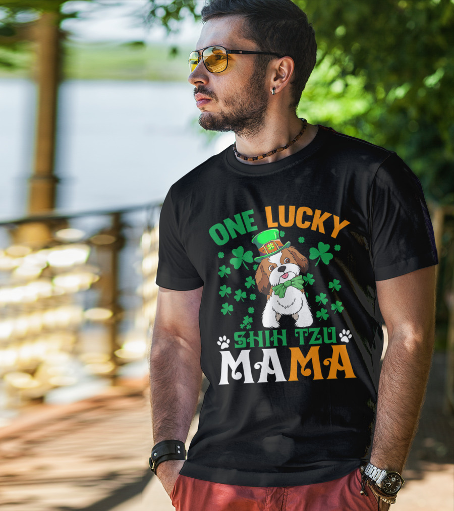 One Lucky Shih Tzu Mama St Patricks Day Green Hat Shamrocks T-Shirt
