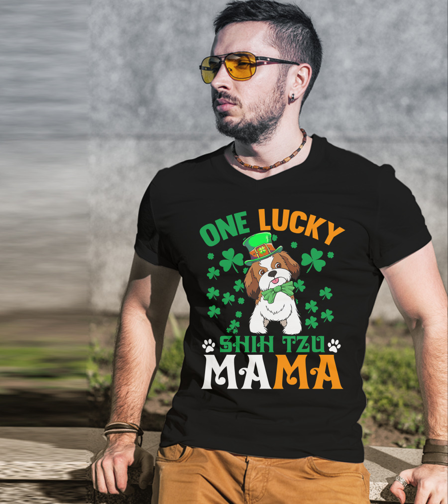 One Lucky Shih Tzu Mama St Patricks Day Green Hat Shamrocks T-Shirt