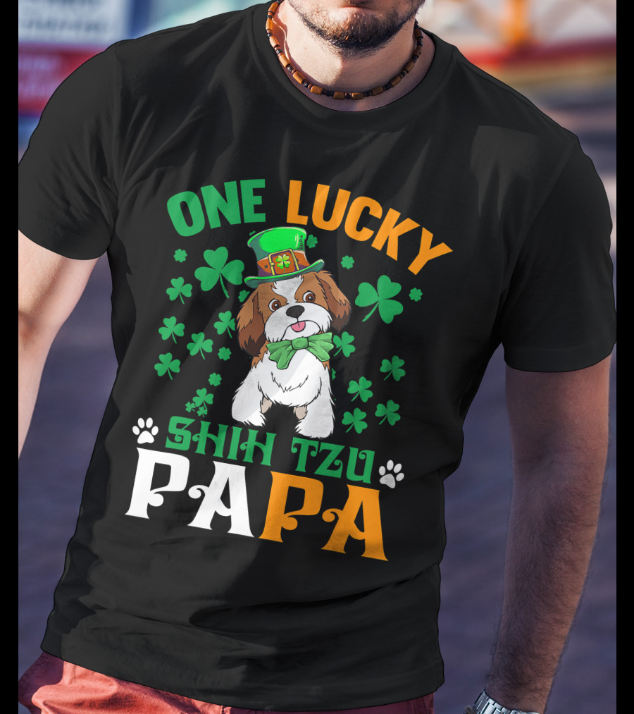 One Lucky Shih Tzu Papa St Patricks Day Dog Hat Clover T-Shirt