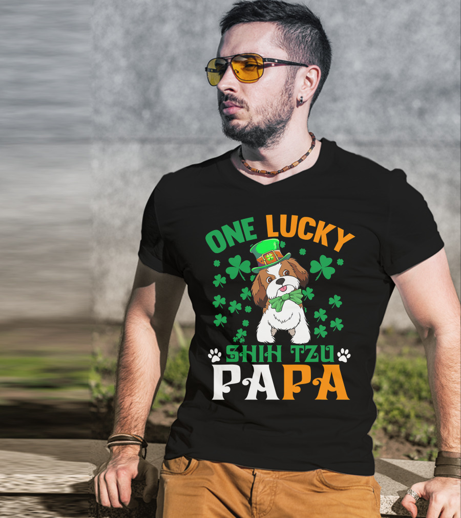One Lucky Shih Tzu Papa St Patricks Day Dog Hat Clover T-Shirt