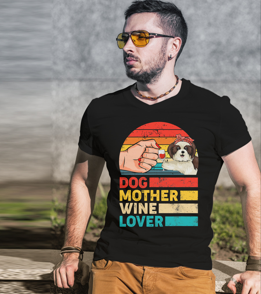 Dog Mother Wine Lover Shih Tzu Retro T-Shirt