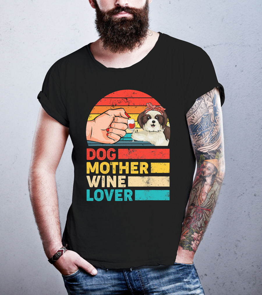 Dog Mother Wine Lover Shih Tzu Retro T-Shirt