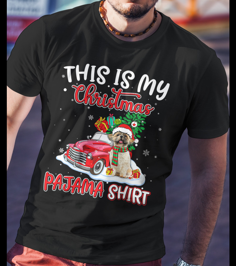 Retro Christmas Pajama Shih Tzu Santa Hat Presents Vintage Car T-Shirt