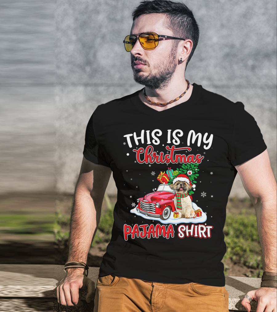 Retro Christmas Pajama Shih Tzu Santa Hat Presents Vintage Car T-Shirt