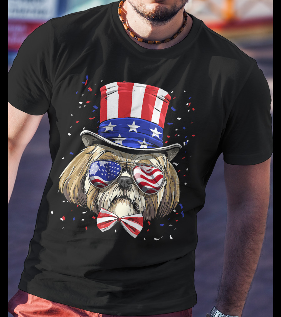 Shih Tzu Fourth Of July American Dog In USA Flag Hat And Glasses T-Shirt