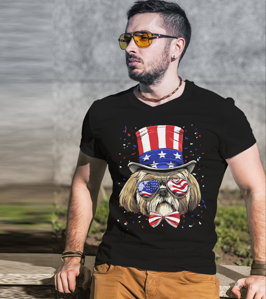 Shih Tzu Fourth Of July American Dog In USA Flag Hat And Glasses T-Shirt