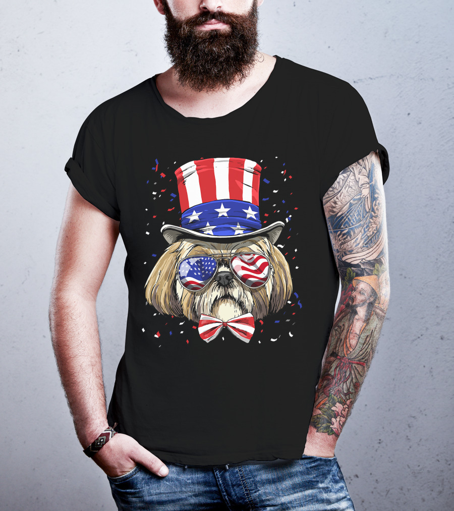 Shih Tzu Fourth Of July American Dog In USA Flag Hat And Glasses T-Shirt